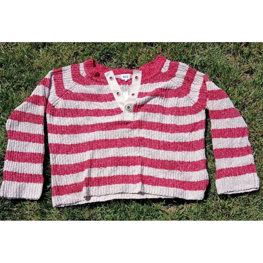 BKE Resort Crochet V Neck Sweater XL Striped Red Cream Coastal Cozy Swim Cover